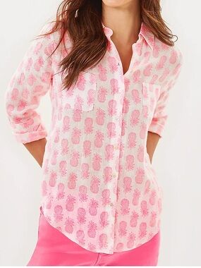 Lilly Pulitzer Sea View Linen Button Down Shirt Pink Slice of Sunshine Size XS